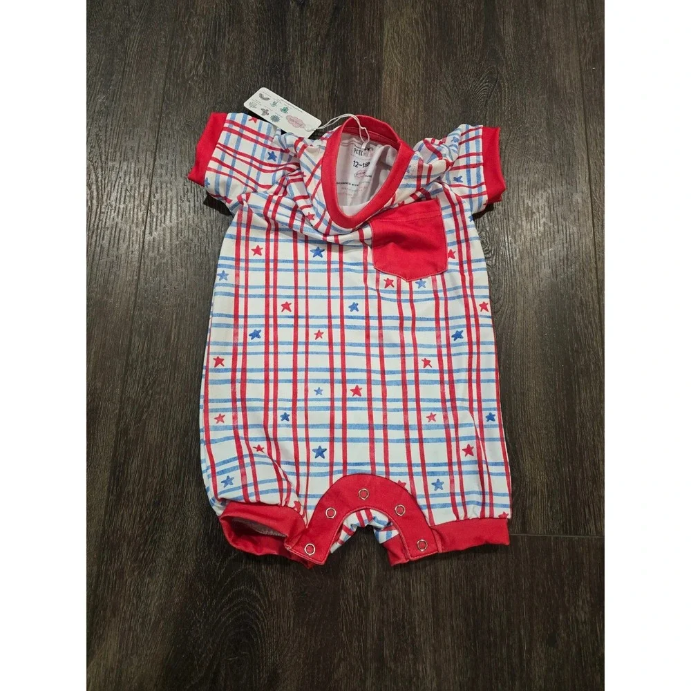 Pete + Lucy Kids Patriotic Plaid Stars Romper Red Blue 12-18M NWT
